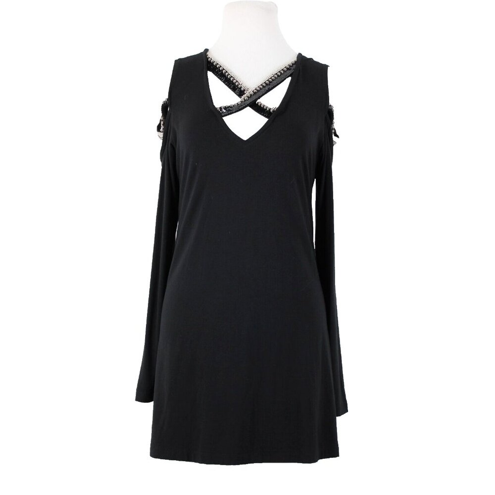Rock N Karma SZ M? Black Silver Cold Shoulder Beaded Sequin Lycra Rayon Dress